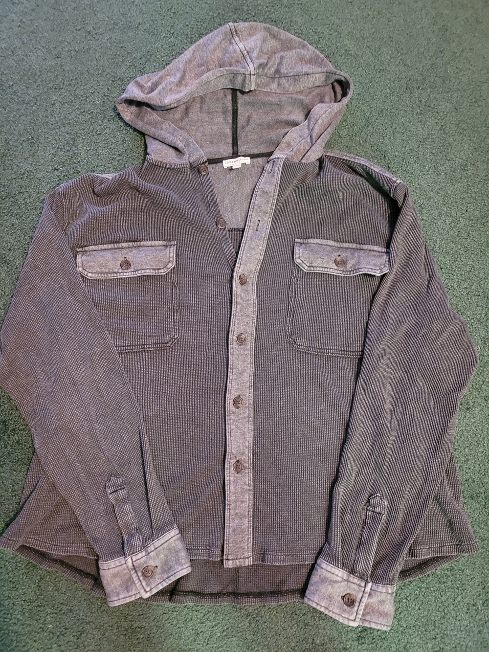 Hooded Button-Up Waffle Knit Shirt Jacket in Washed Gray